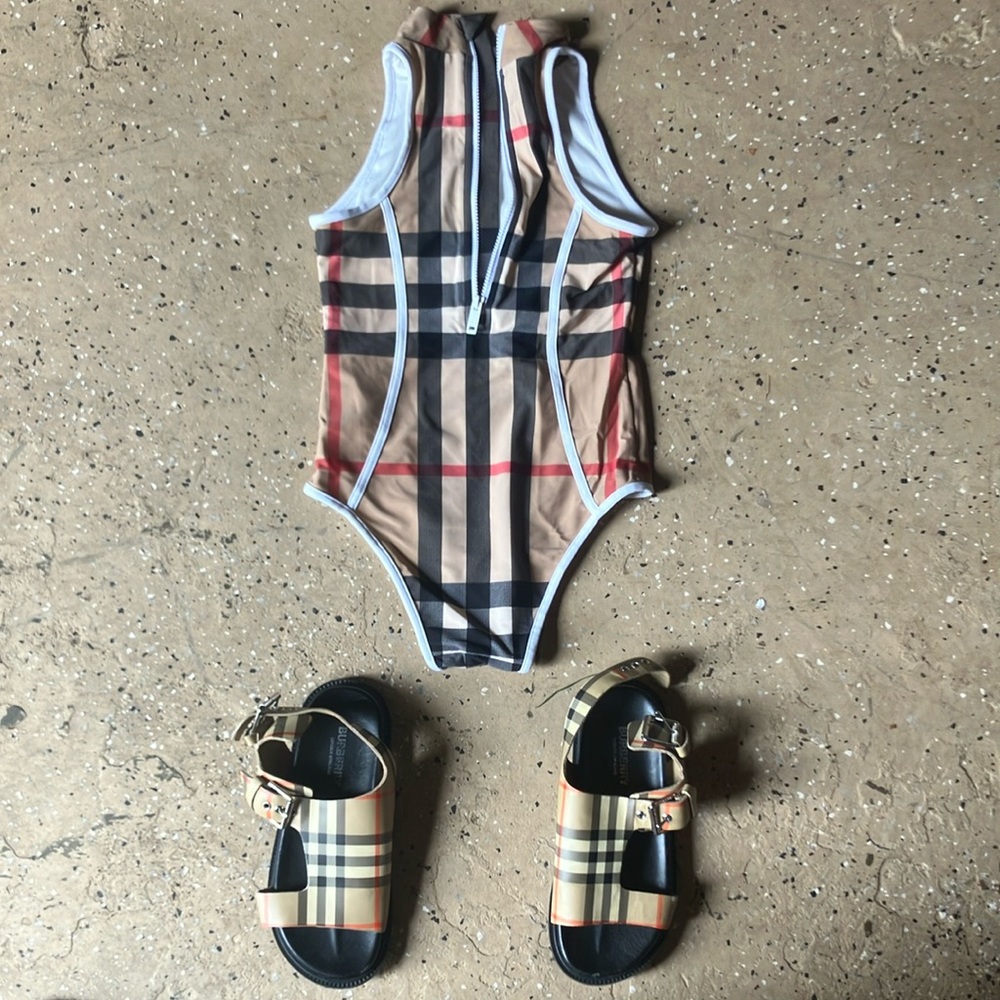 Burberry kids one piece Swimsuit size 8y - with kids Burberry sandals Size 2.5